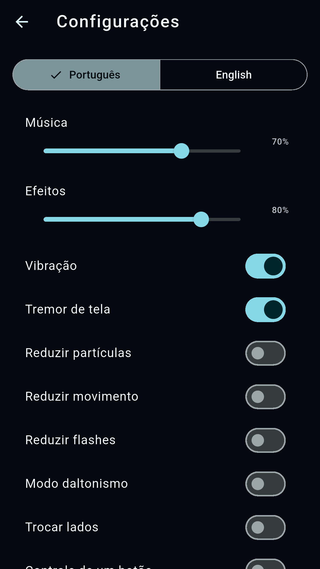 Configurações de som, vibração, movimento, partículas e flashes