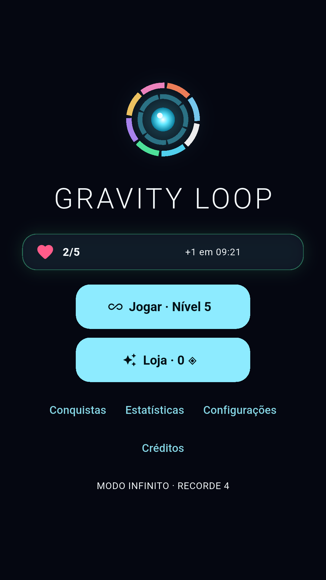 Menu principal com nível infinito, vidas e atalhos